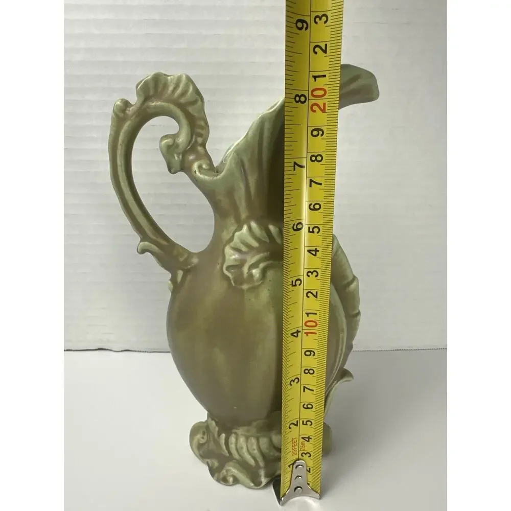 Vintage Green Matte Ceramic Art Deco Pitcher Vase – Ornate Leaf Handle – 8” Tall